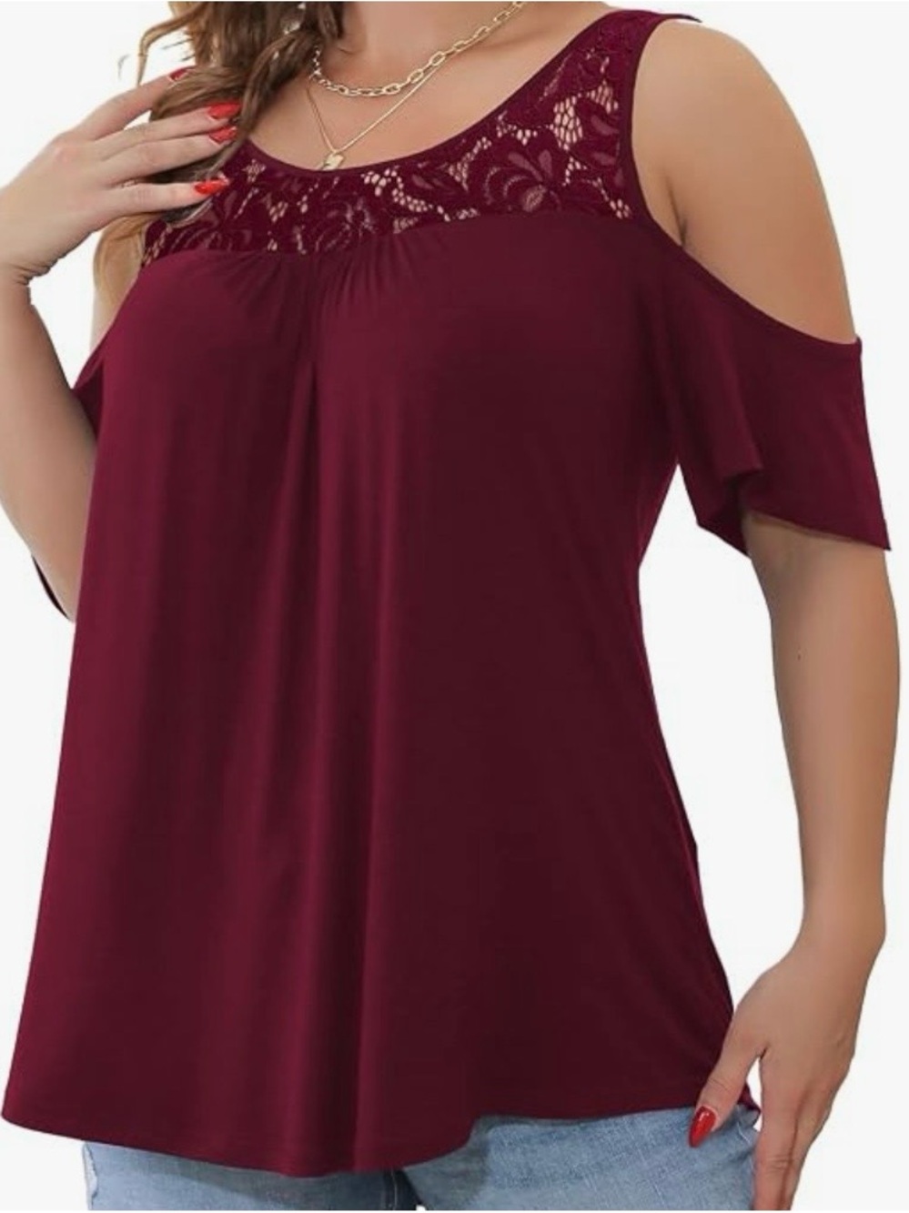 Plus-Size Cold-Shoulder Lace Yoke Top- Burgundy NWT